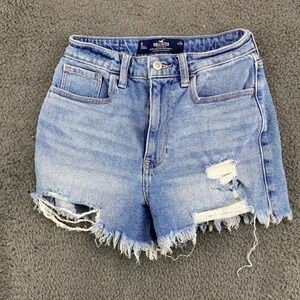 Hollister Ultra High Rise Mom Shorts Distressed Ripped Frayed Hem Denim Blue W24